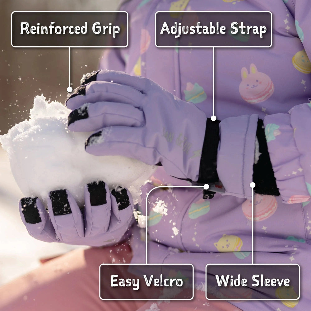 JAN & JUL Kids Waterproof Snow Gloves Neon Peaks, purple pair shown with reinforced grip and easy Velcro cuffs in snow.