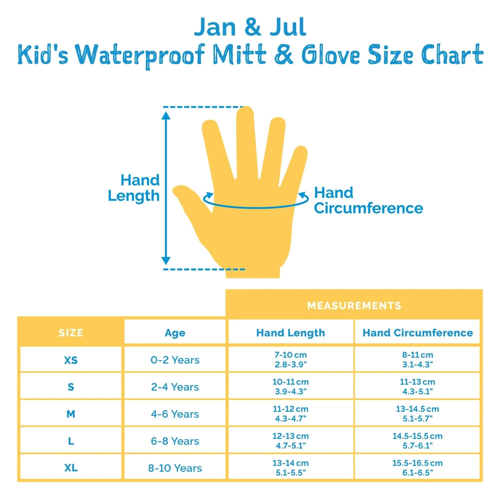 JAN & JUL Kids Waterproof Snow Gloves Neon Peaks size chart with hand measurement arrows and size table.