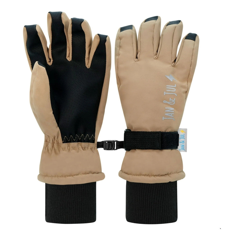 Jan & Jul Kids Waterproof Snow Gloves Soft Brown; tan shells, black palms, strap-secured pair for snug fit.