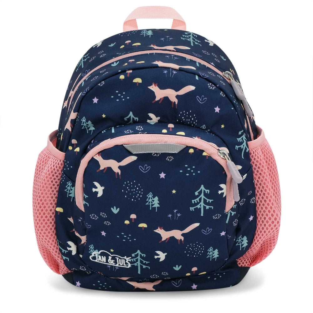 JAN & JUL Mini Backpack navy with pink zippers and pink mesh side pockets, ready for kids.