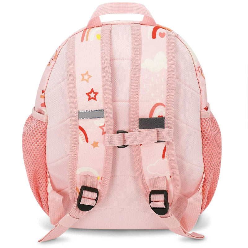 Jan & Jul Mini Backpack pink with stars and rainbows, child wearing it with adjustable straps and side mesh pockets.