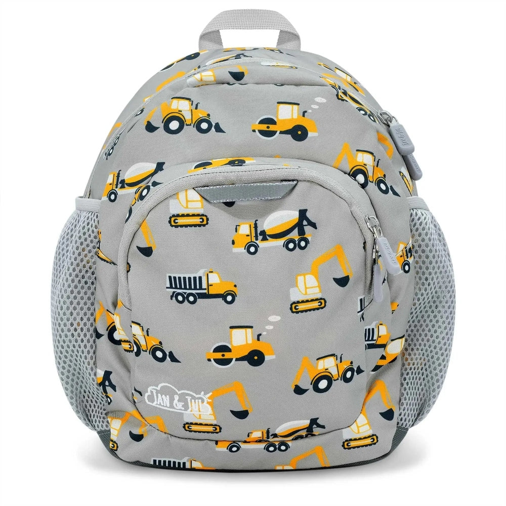 Jan & Jul Kids Mini Backpack in gray with yellow construction vehicles; front zip pocket and mesh side pockets in use.