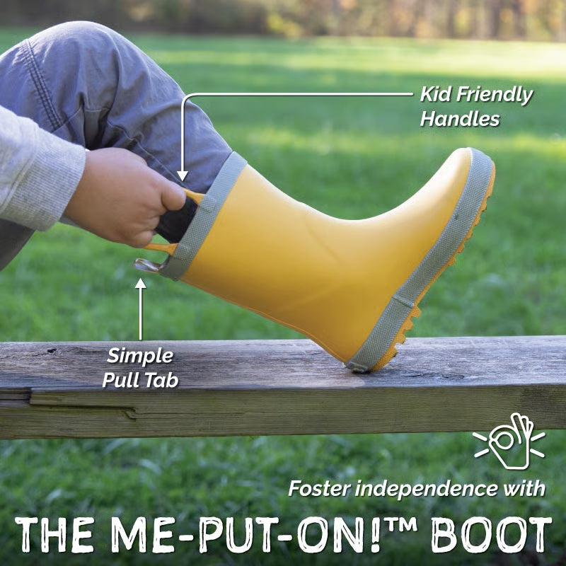 Jan & Jul Puddle Dry Rain Boots Bear for toddlers, yellow rubber with gray trim; child easily uses pull tab to slip on.