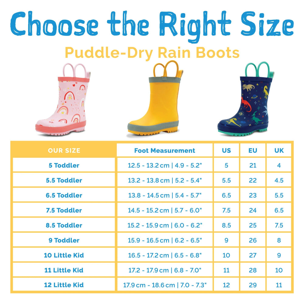Jan & Jul Puddle Dry Rain Boots With Handle Macarons: three toddler boots with handles in pink, yellow-trim, and navy dinosaur patterns