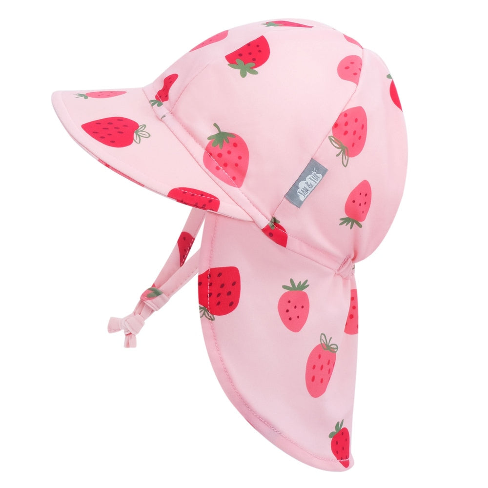 Jan & Jul Sun Soft UV Baby Cap Pink Strawberry print with neck flap and tied chin straps.