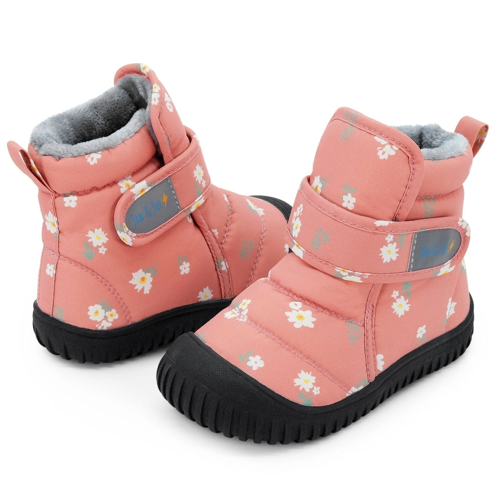 Jan & Jul Toasty Dry Booties Apricot Flower toddler boots, pink floral insulated shoes with Velcro strap and soft gray lining