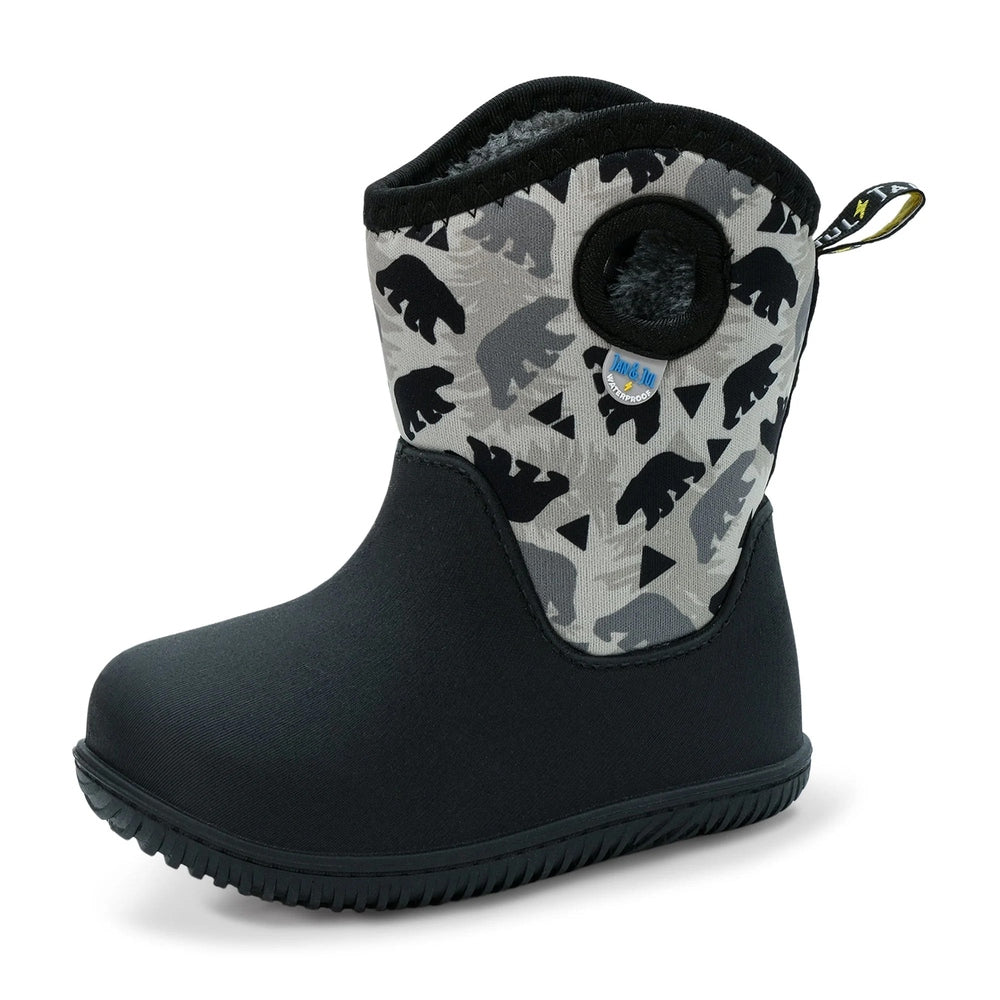 JAN & JUL Toasty Dry Lite Bear Cub toddler winter boot, black with gray camouflage shaft, fleece lining peeks out.