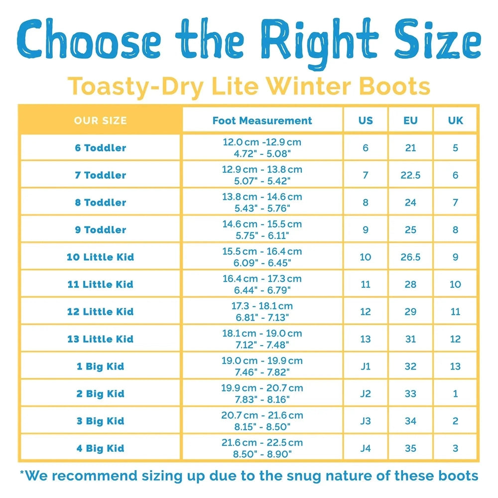 JAN & JUL Toasty-Dry Lite Winter Boots Black Birch; size chart shows foot measurements with US/EU/UK sizes.