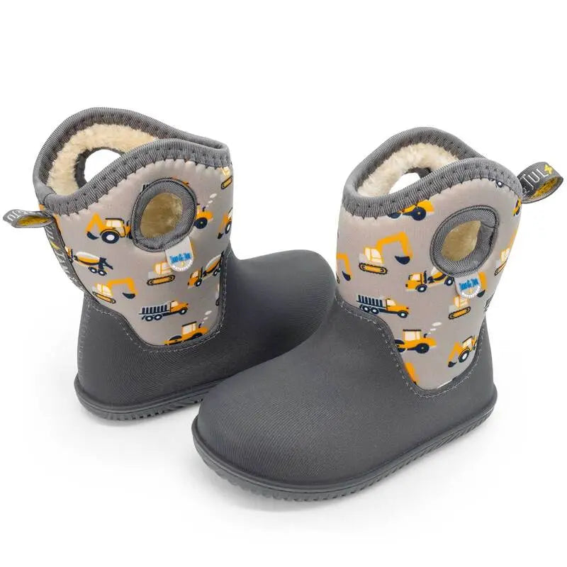 Jan & Jul Toasty Dry Lite Winter Boots Grey Construction; two grey insulated boots with plush lining, featuring yellow construction-vehicle print.