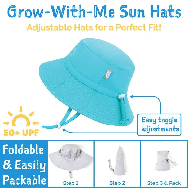 Jan & Jul Water Repellent Bucket Hat Seagull in turquoise with adjustable drawcord for a toddler exploring outdoors, UPF 50+.