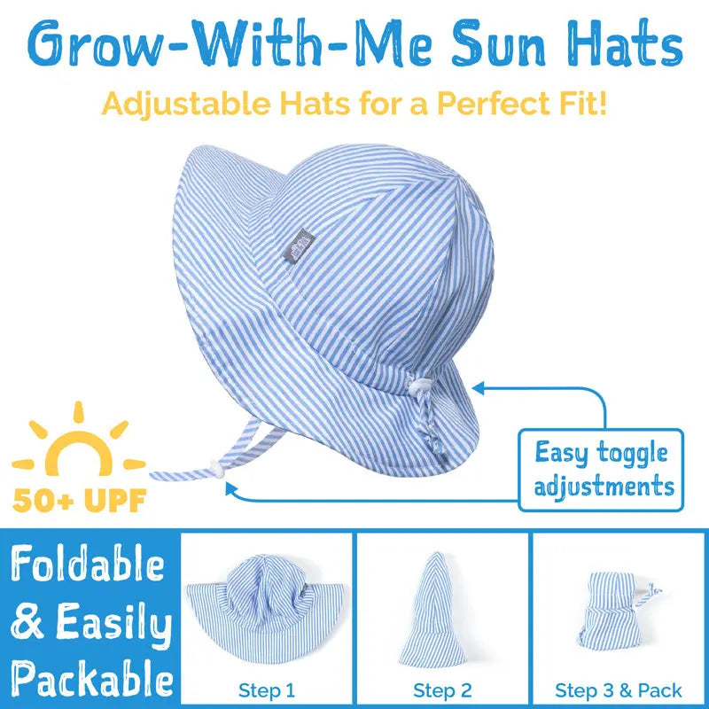 Jan & Jul Water Repellent Bucket Hats Seagull for toddlers in blue and white stripes; adjustable toggle and foldable for easy packing.