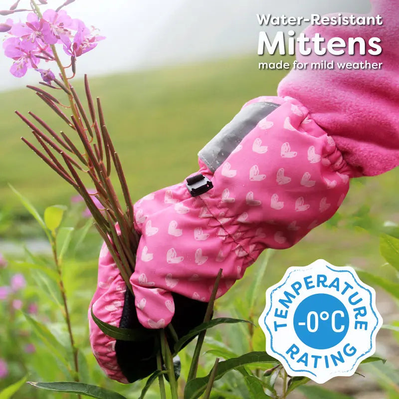 JAN & JUL Water-Resistant Cozy Dry Rain Mitten, pink heart-pattern baby glove gripping flowering stems outdoors