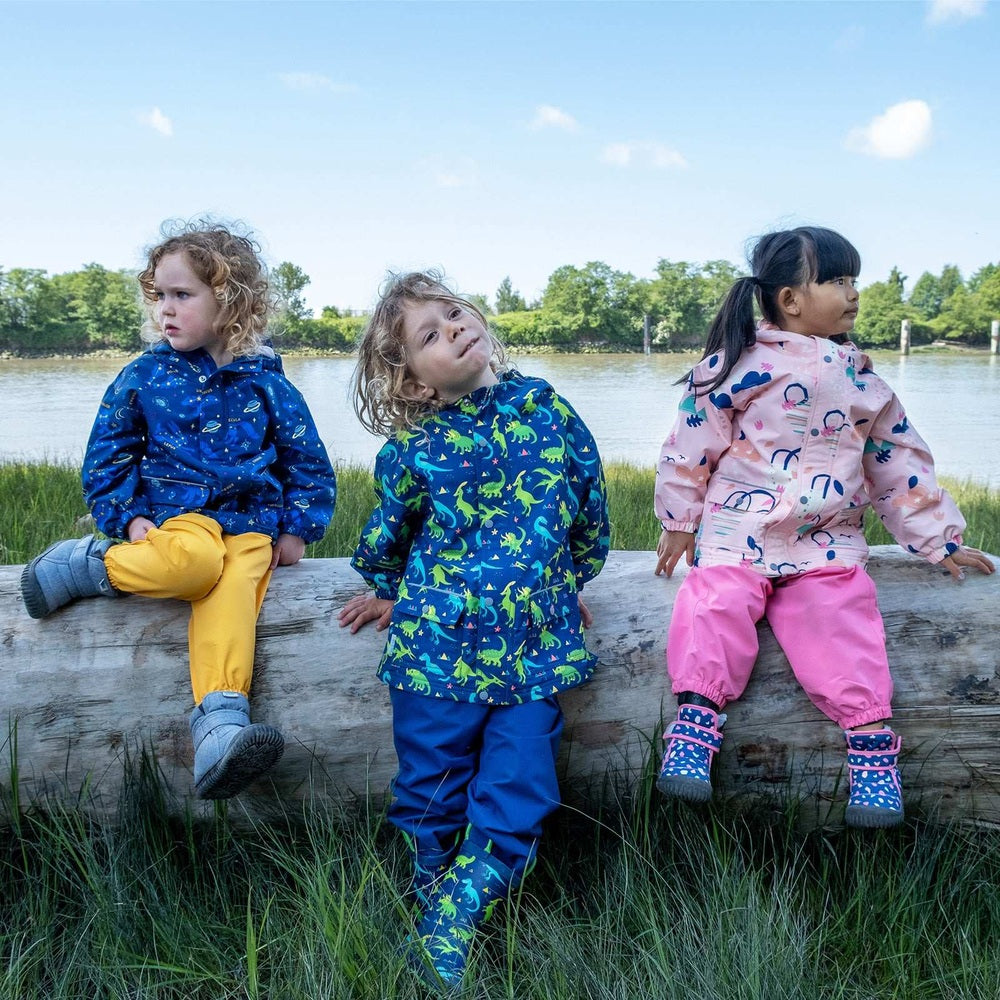 Jan & Jul toddler rain jackets, waterproof Cozy Dry Dreamscape; blue dinosaur print, teal dinosaur print, and pink pattern coats (3)