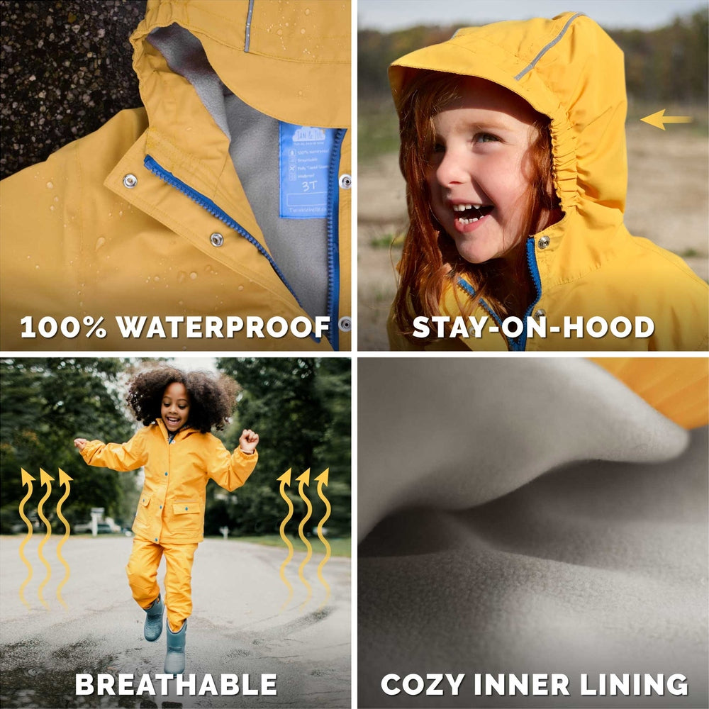 JAN & JUL Waterproof Cozy Dry Rain Jacket Purple Dream; yellow kids' rain jacket with blue zipper and hood, child happily outdoors showing breathable inner lining.
