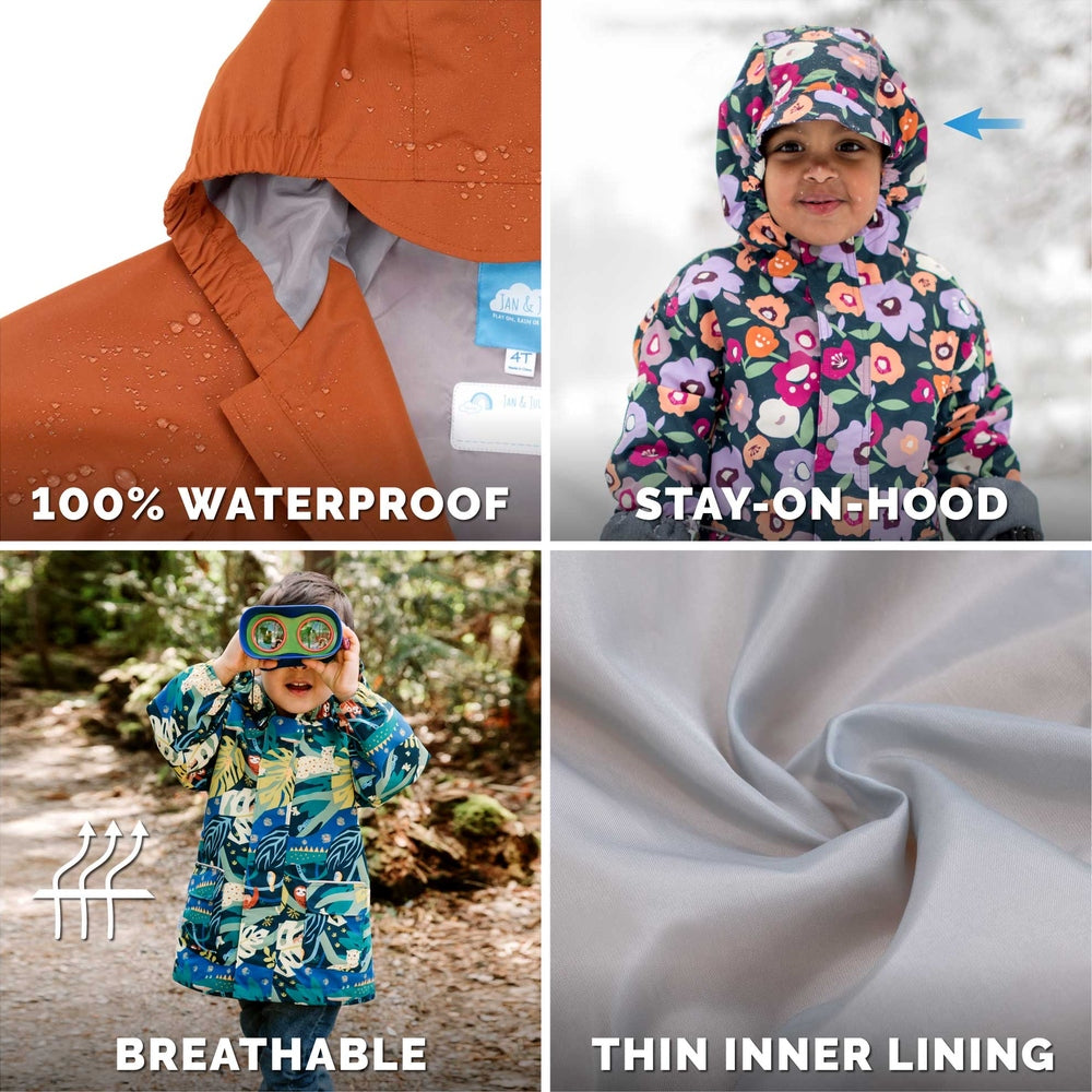 Jan & Jul Waterproof Puddle Dry Rain Jacket Prairie Flowers, kid in a hooded floral coat showing waterproof, breathable design.