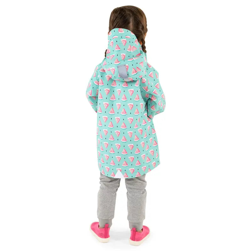 Jan & Jul Waterproof Puddle-Dry Rain Jacket Watermelon print in teal, worn by a child seen from the back with hood up.