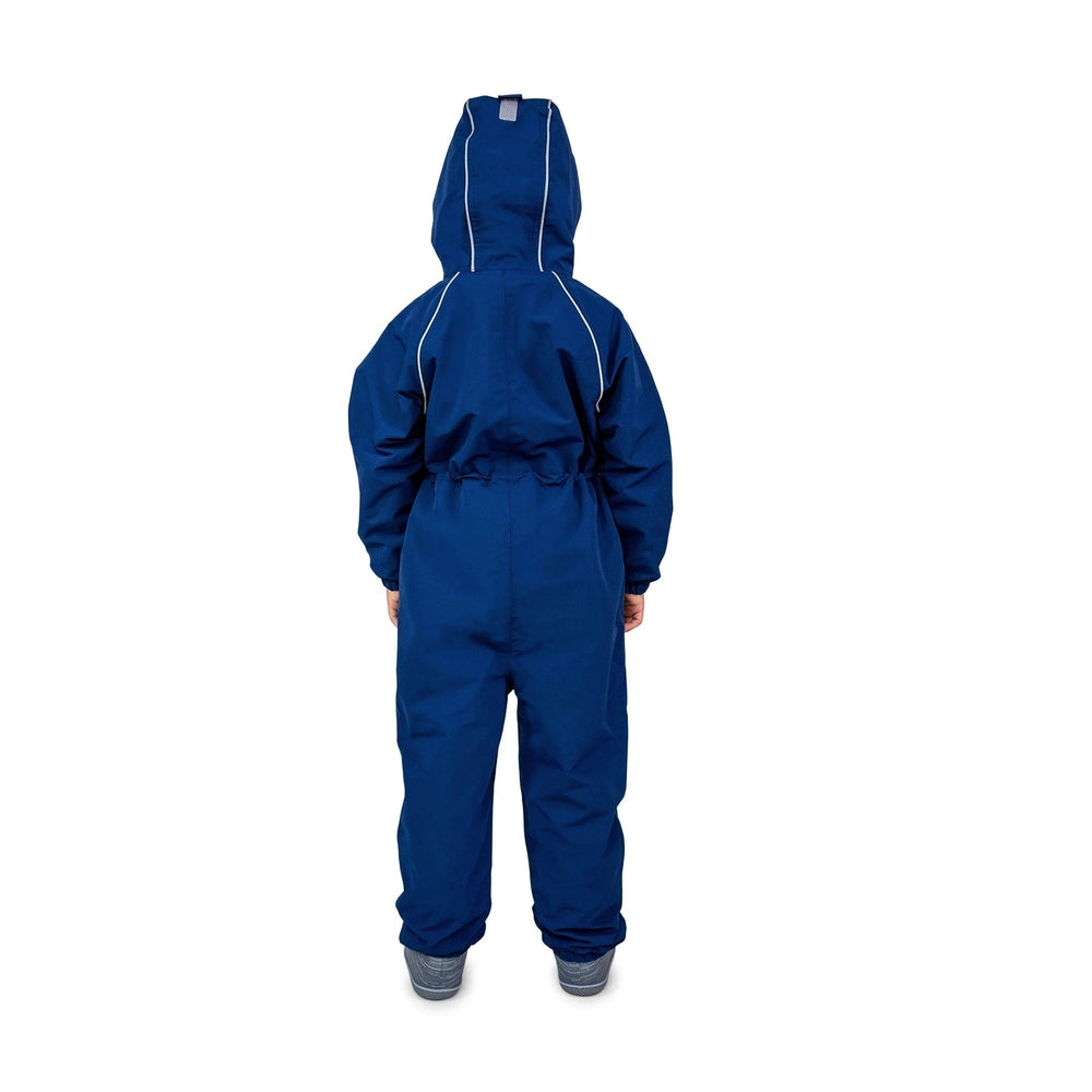 Jan & Jul Waterproof Puddle Dry Rain Suit Nebula Blue; child in hooded, full‑body blue jumpsuit with white seams.