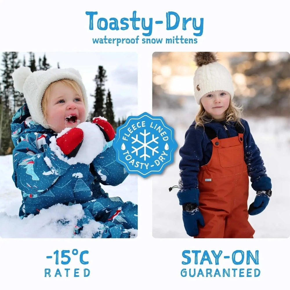 JAN & JUL Toasty Dry waterproof mittens with fleece lining worn by two toddlers playing in the snow.