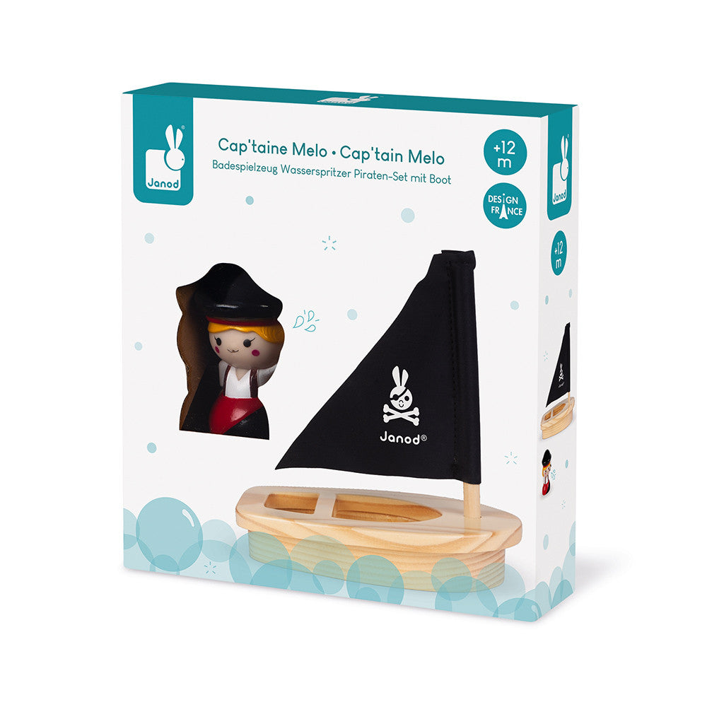 Janod Captain Melo boat bath toy set with wooden hull and black sail, 2 pieces