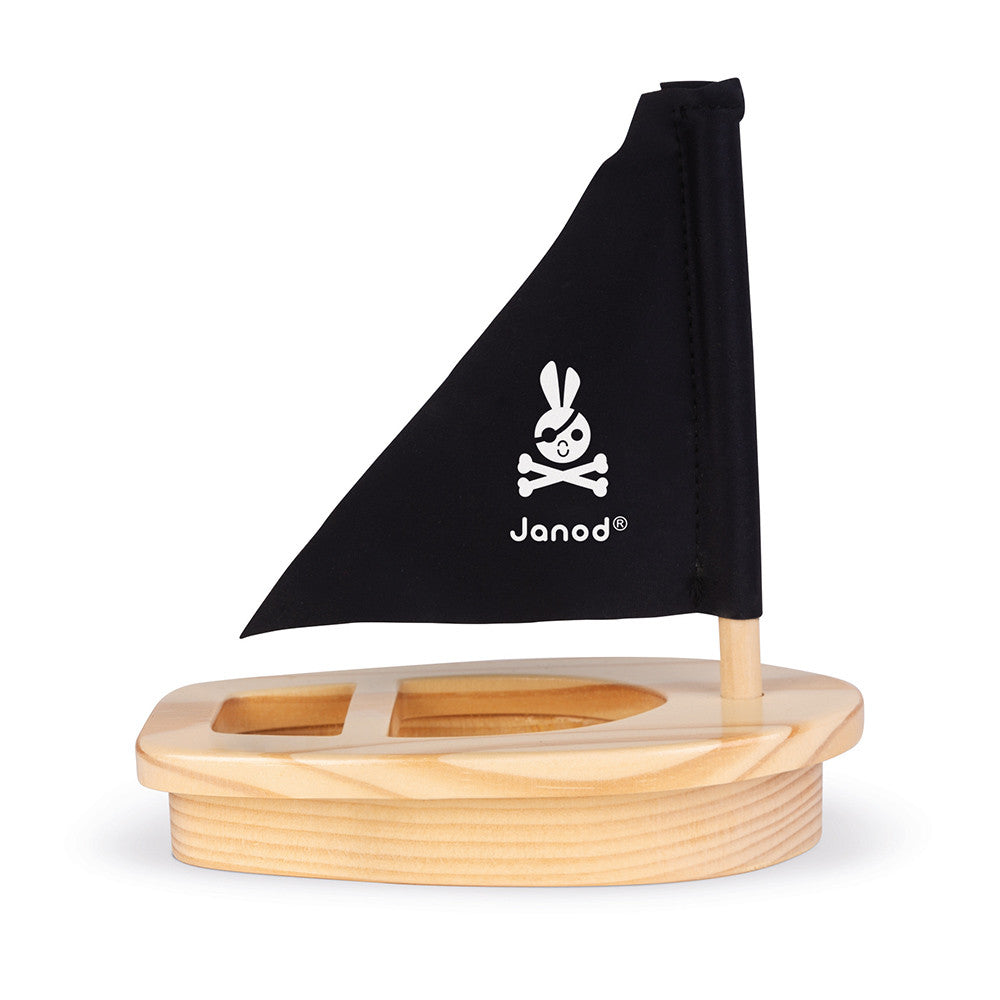 Janod Captain Melo bath boat with wooden hull and black sail