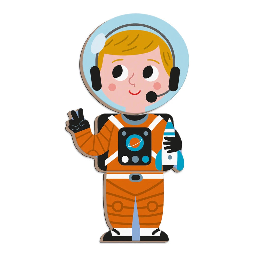 JANOD Magnetibook Jobs astronaut figure in an orange space suit, giving a peace sign while holding a blue rocket.