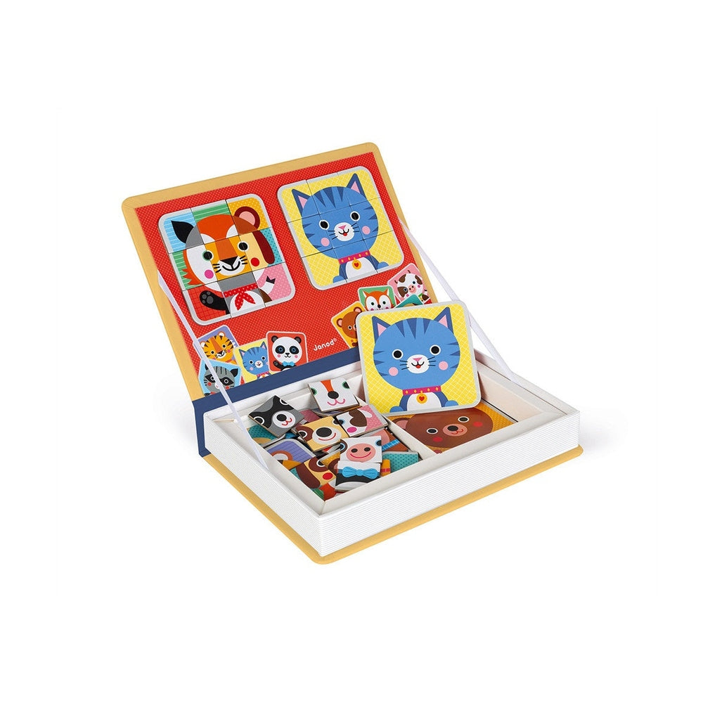 Janod Magnetibook Mix and Match toddler educational toy with colorful animal magnetic tiles in a wooden box
