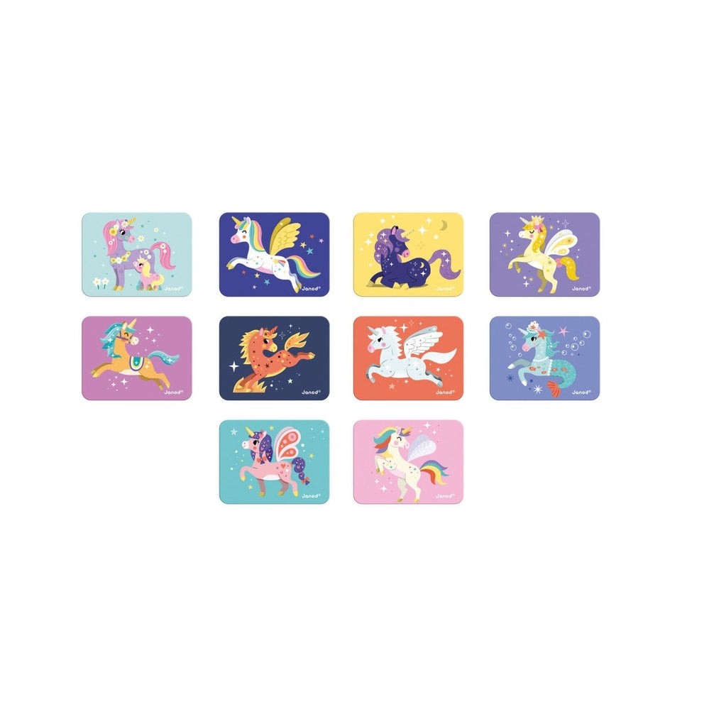 Janod Magnetibook Unicorns 12-piece magnetic tile set with colorful unicorns on pastel backgrounds