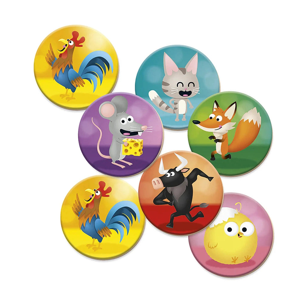 Janod Memo Rigolooo: eight round animal magnets for kids memory game, showing rooster, cat, fox, mouse, bull, chick.