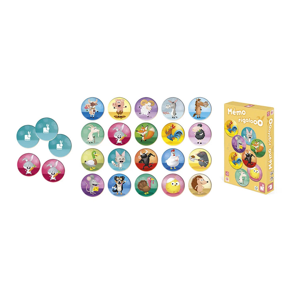 Janod Memo Rigolooo game: 24 colorful animal tokens laid out beside a yellow box for kids to flip and match.