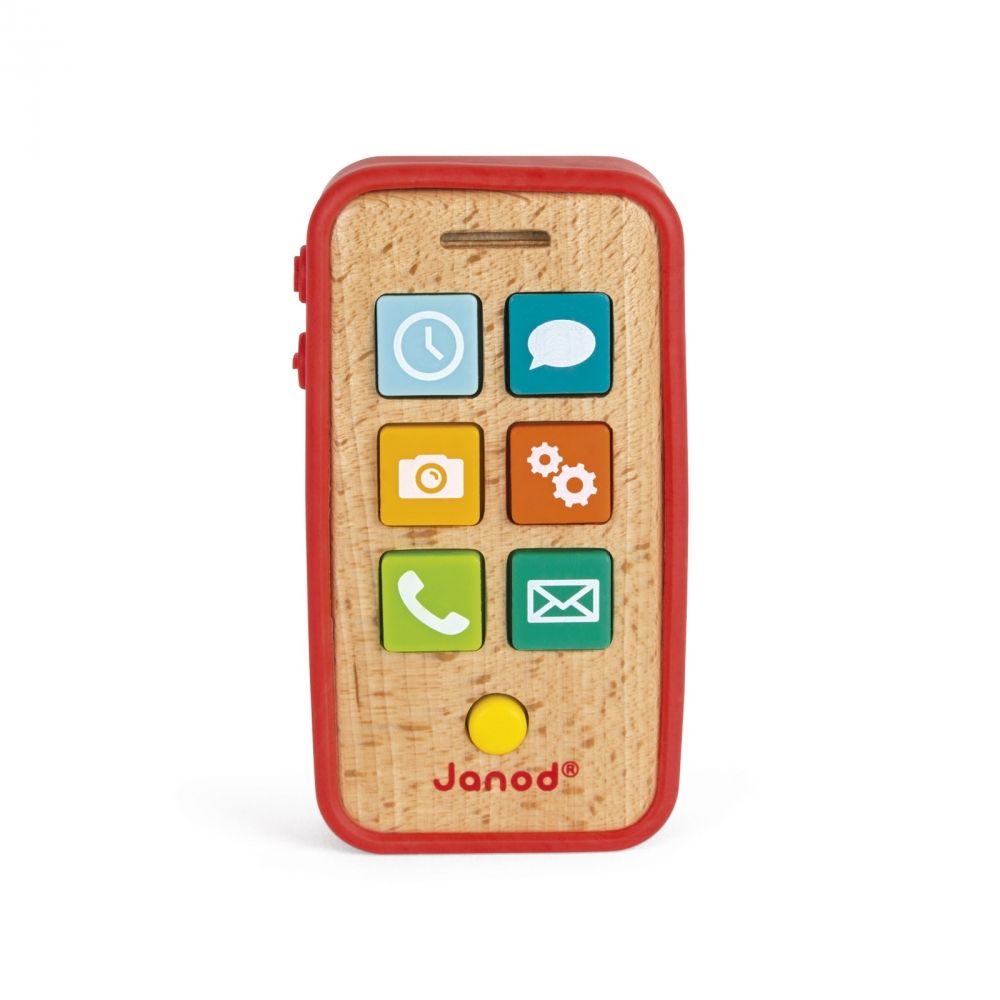 Janod Sound Telephone wooden toddler toy with red frame and colorful square icons; a child presses the buttons.