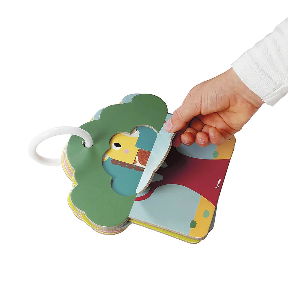 JANOD Tactile Cards Set; colorful illustrated cards are being flipped through by a hand for sensory learning.