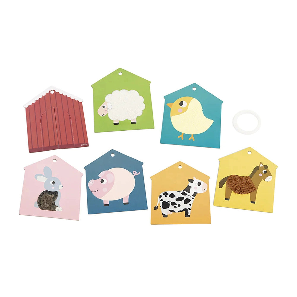 JANOD Tactile Cards Set with colorful farm animal cards laid flat for sorting and tactile play.
