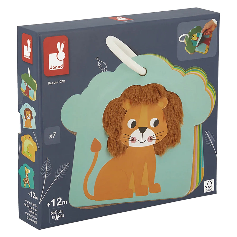 JANOD Tactile Cards Set featuring a friendly lion on a teal cloud, with colorful cards fanned out on a carry loop.
