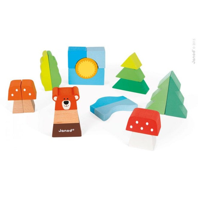JANOD Zigolo Pull Along Trolley With Blocks: colorful wooden bear, trees and shapes arranged for pull-along play.
