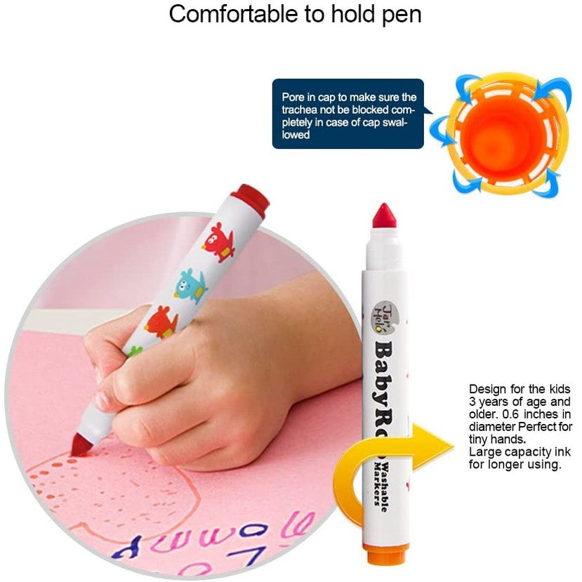 Jar Melo Baby Roo washable markers set, 24 colors in white barrels with animal icons, comfortable for kids