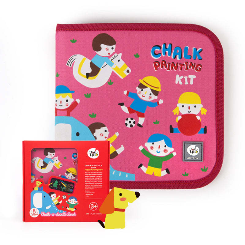 Jar Melo Chalk-A-Doodle Book Happy Kindergarten kit in pink case with playful kids illustration
