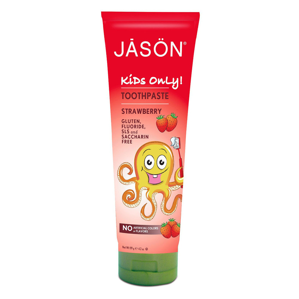 Jason Kids Strawberry Toothpaste 119G red tube with green cap, cartoon octopus holding a toothbrush beside strawberry icons