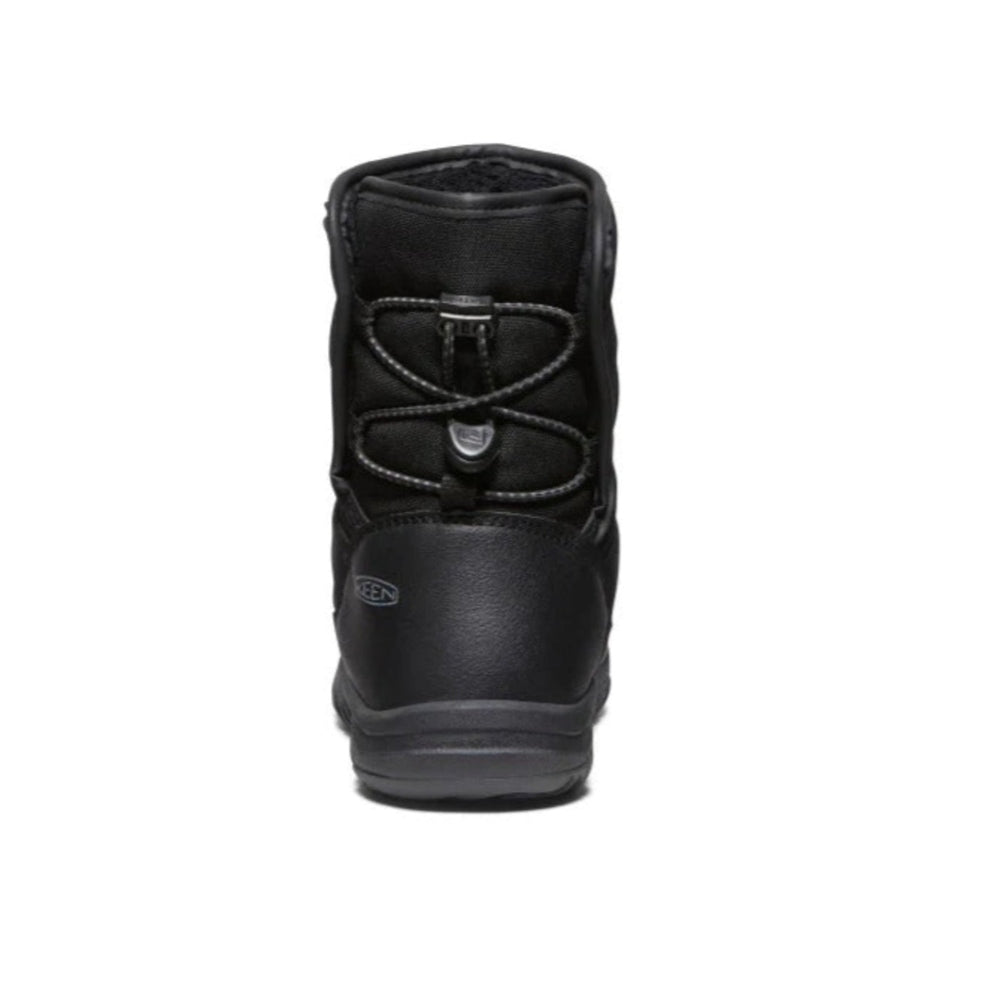 KEEN Big Kids' Puffrider Waterproof Winter Boot Black Steel Grey, back view shows bungee laces and rugged sole.