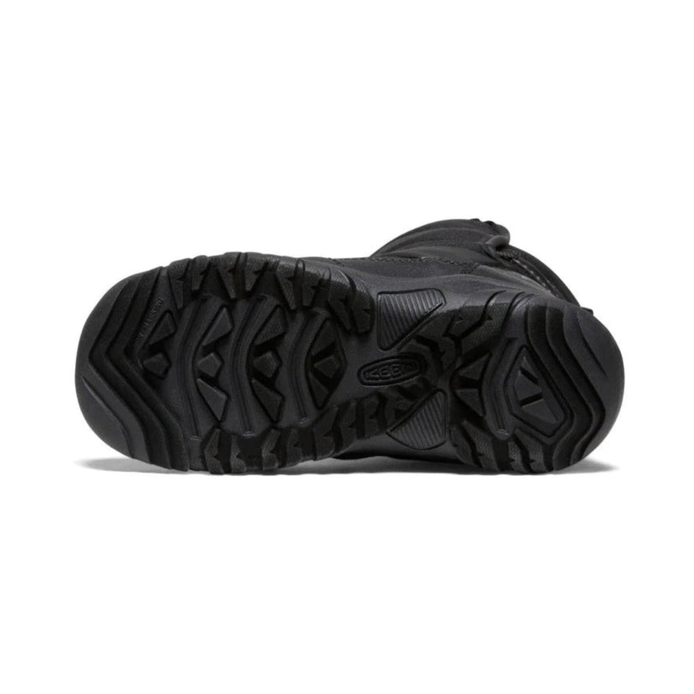 KEEN Big Kids' Puffrider Waterproof Winter Boot Black Steel Grey, rugged lug outsole gripping terrain.