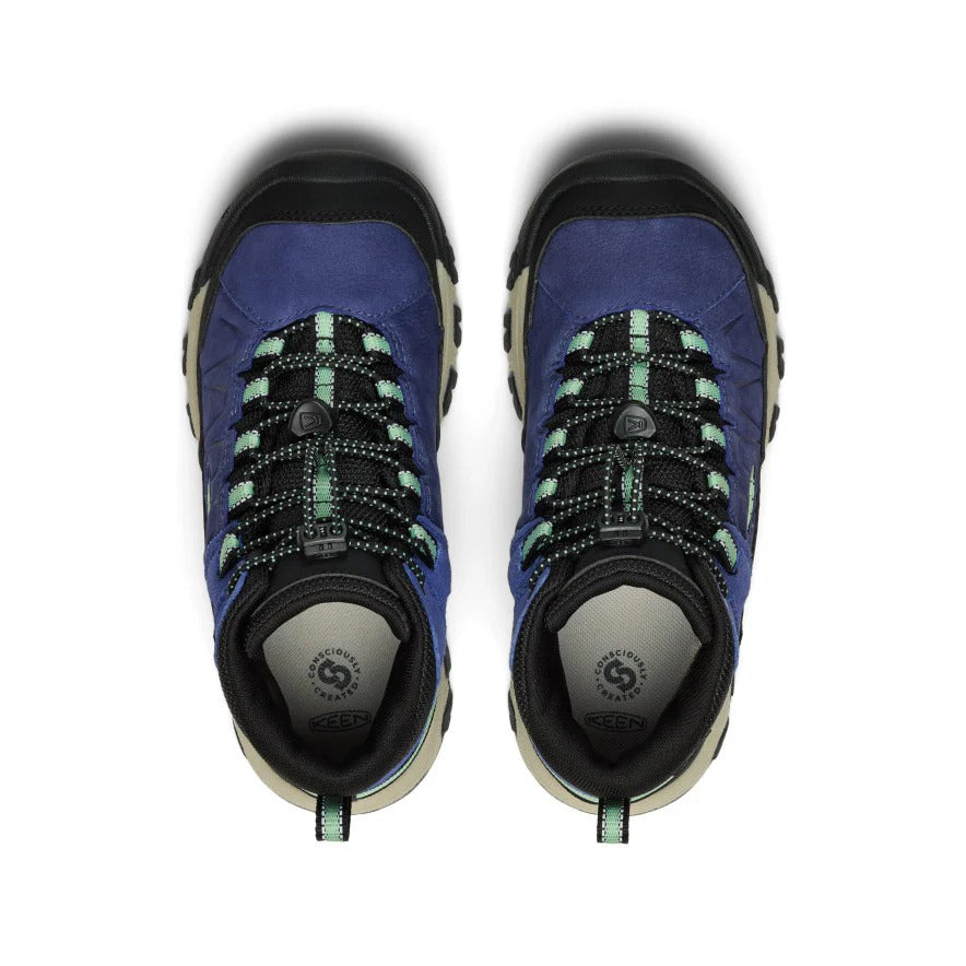 KEEN Big Kids' Targhee IV waterproof hiking boots, blue hemlock with black accents and green laces, pair