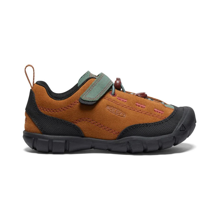 KEEN Little Kids Jasper II Maple Dark Forest toddler shoe with orange suede upper, black outsole and green strap