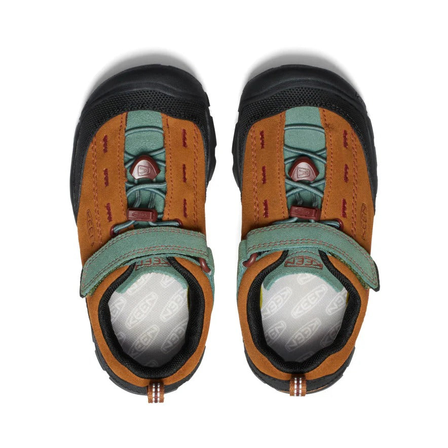 KEEN Little Kids Jasper II Maple Dark Forest sandals, teal and orange suede with black toe caps, pair