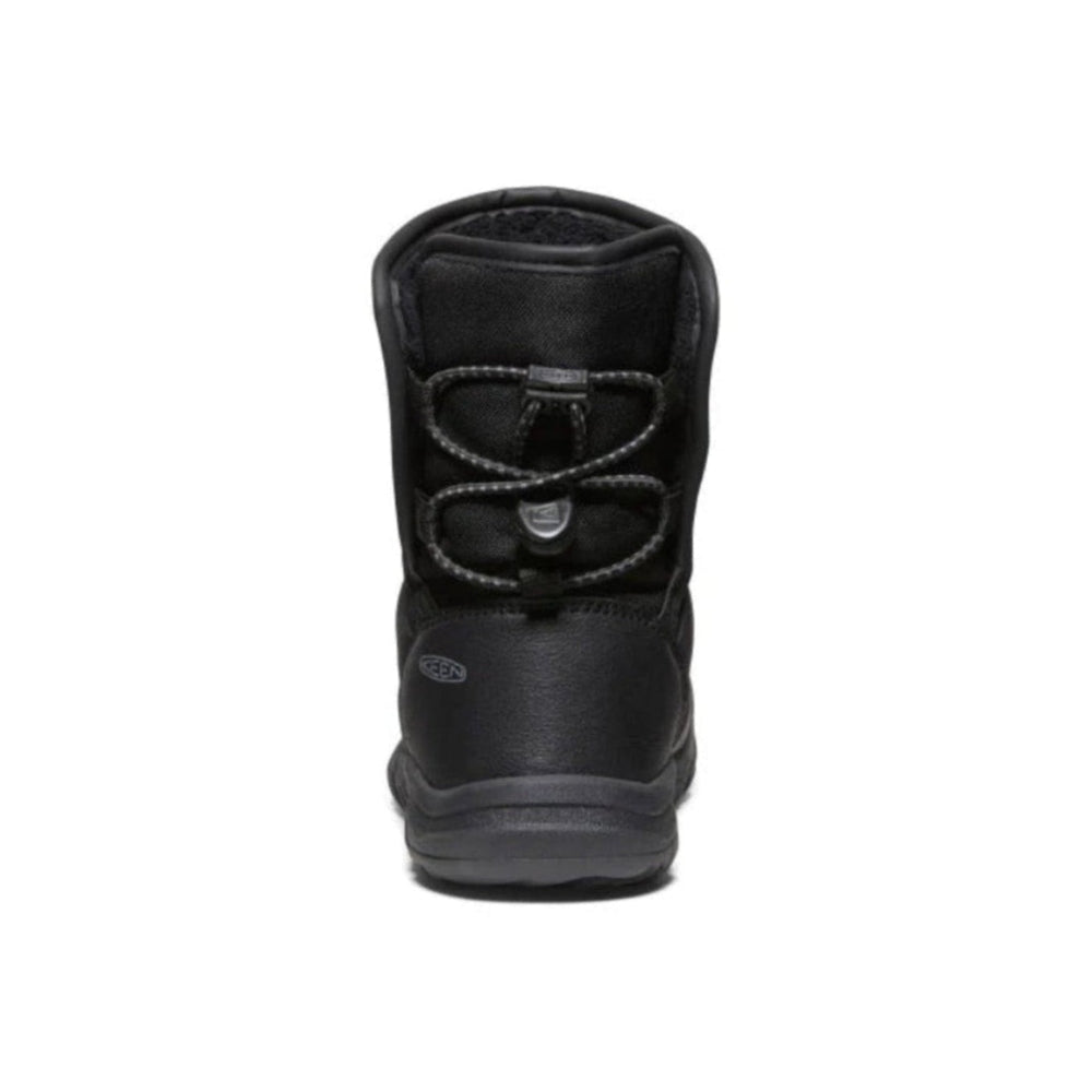 KEEN Little Kids' Puffrider Waterproof Winter Boot Black Steel Grey; rugged toddler boot with bungee laces and chunky sole shown upright.