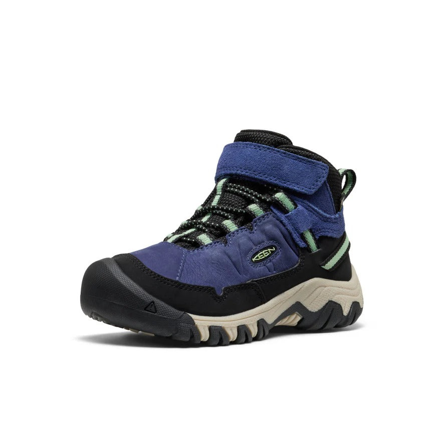 Keen Little Kids Targhee IV waterproof hiking boot in blue Hemlock with black overlays and rugged outsole