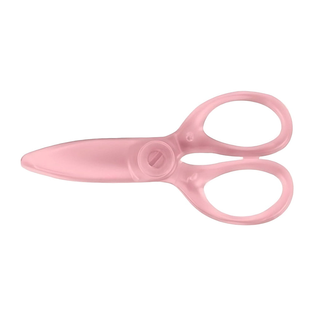 Kokuyo Safety Blade Plastic Scissors for kids, pink with rounded handles, shown ready to cut paper.