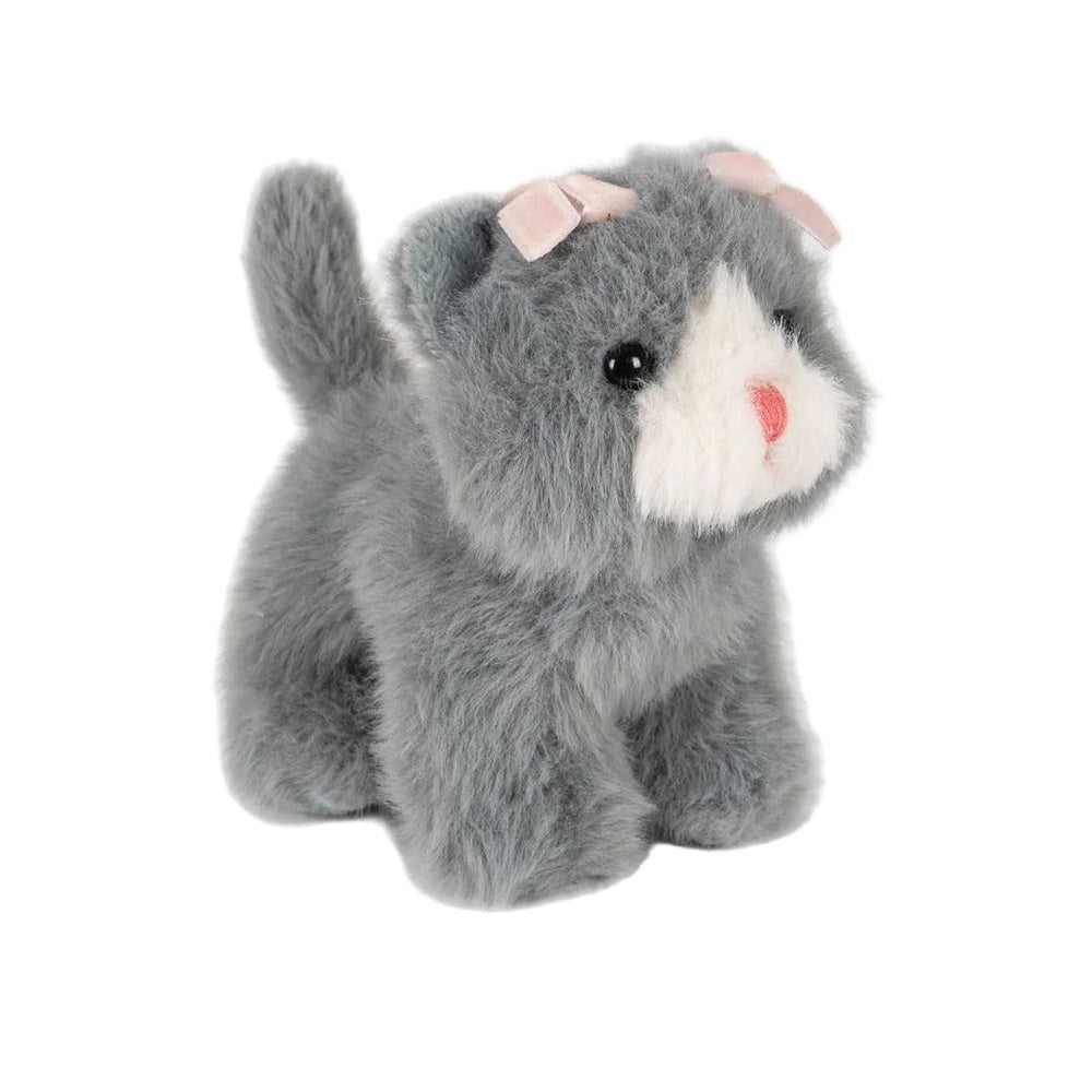 Konges Slojd Baby Animals plush bunny toy in gray fluffy fur with white muzzle and pink nose.
