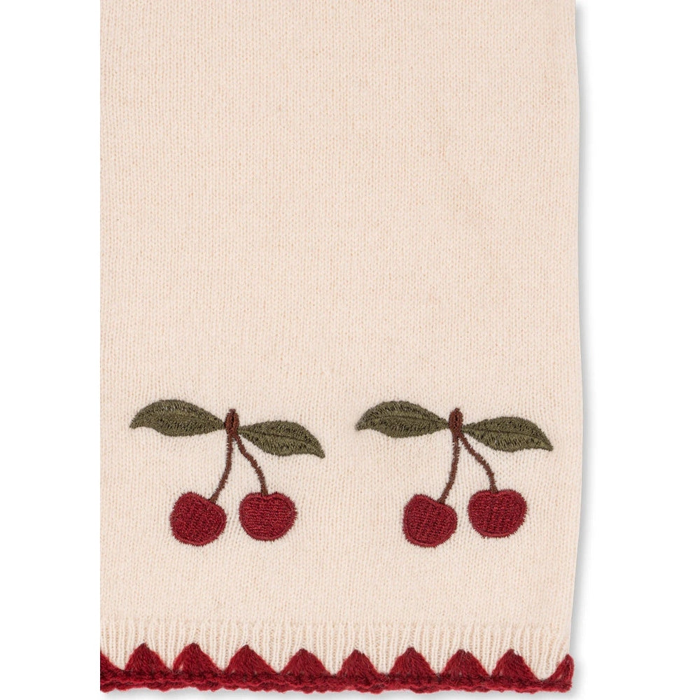 Konges Slojd Collette Cardigan Off White featuring cherry embroidery along hem with green leaves and red scalloped trim