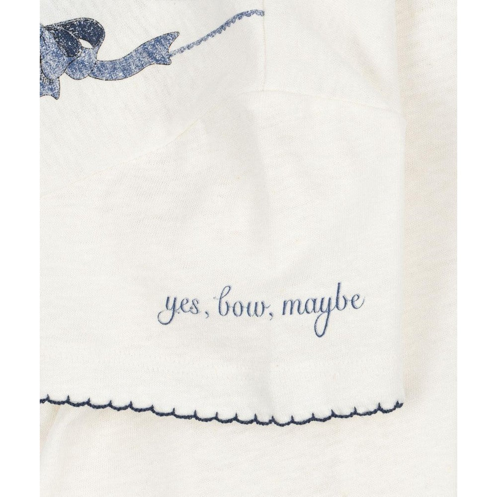 Konges Slojd Era Tee off-white with navy bow collar; blue embroidery yes, bow, maybe and a scalloped navy hem.