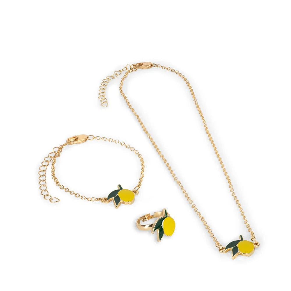 Konges Slojd Jewelry Set in gold-tone with yellow lemon charms on bracelet, necklace, and ring.