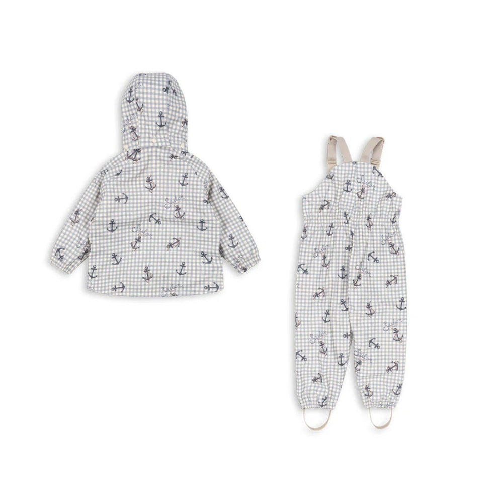 Konges Slojd Rainy Palme sailor check rain jacket and overalls set, blue/white gingham with navy anchors